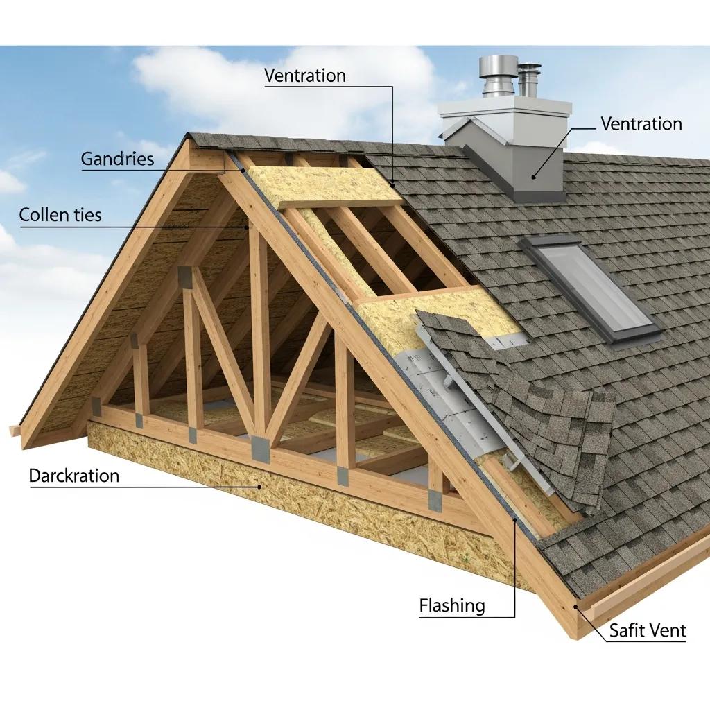 Main components of a roof including materials, framing, and ventilation in a residential setting